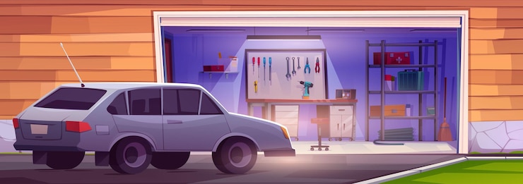 Vettore gratuito interni di cartoni animati di garage con ripostiglio di utensili workshop all'interno illustrazione con parcheggio per auto sul vialetto vicino all'edificio di casa deposito di falegnameria a casa con inventario di tavolo sul concetto di rack