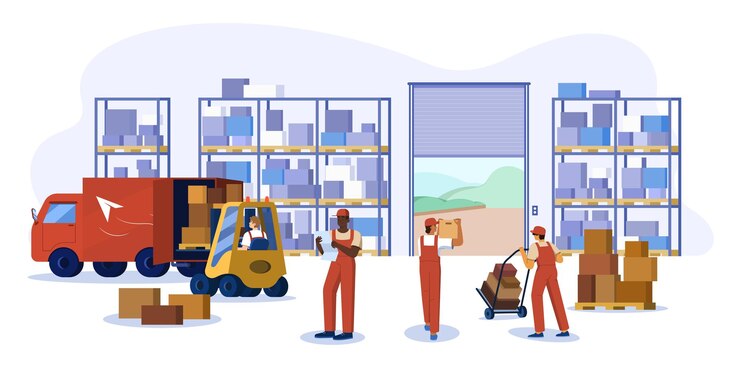 Vettore gratuito interni logistici di magazzino piatto con carrello elevatore a forche per lavoratori e scatole