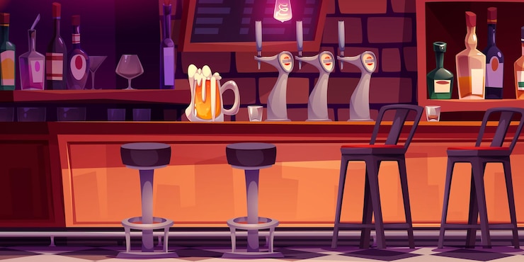 Vettore gratuito interno del bar con bicchiere di birra sul bancone