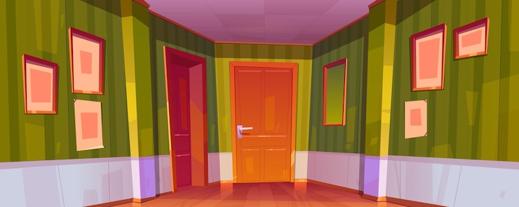 Vettore gratuito interno del corridoio di casa con porte chiuse alle stanze, carta da parati verde, cornici e specchio sul muro