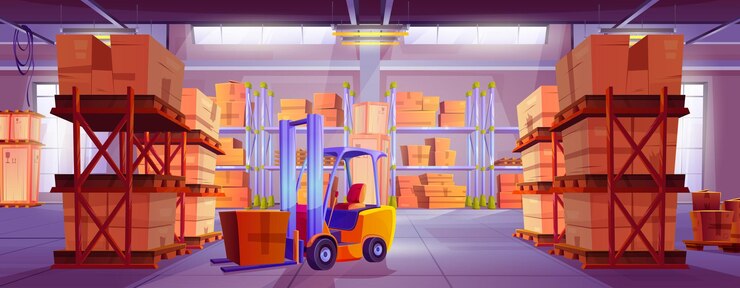 Vettore gratuito interno del magazzino con scatole di cartone e legno e contenitori su pallet, scaffali pieni e scaffalature, carrello elevatore elettronico vettore di cartone animato del magazzino con merci per il concetto di logistica e consegna