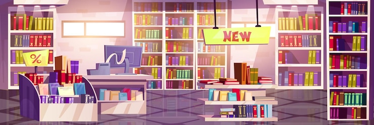 Vettore gratuito interno della libreria con libri sugli scaffali delle scaffalature