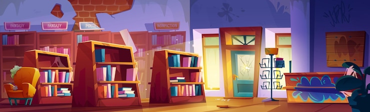 Vettore gratuito interno di una libreria chiusa abbandonata