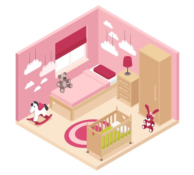 Interno isometrico della camera dei bambini rosa accogliente con comodino armadio vicino al letto culla e letto a castello