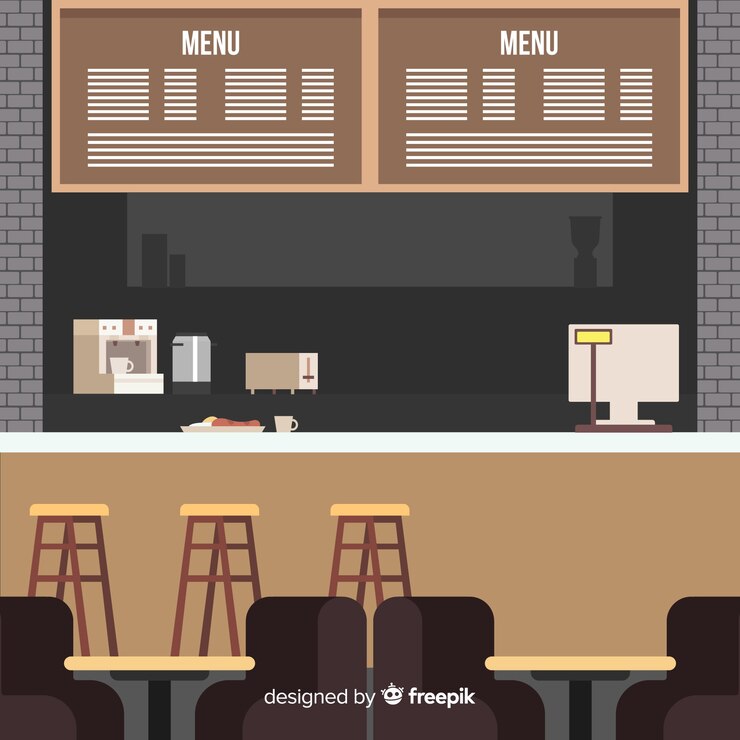 Vettore gratuito interno moderno del ristorante con design piatto