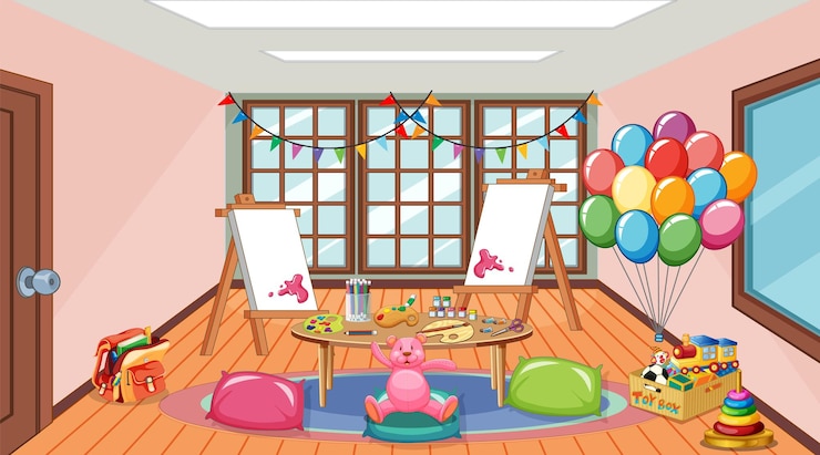 Vettore gratuito interno vuoto dell'aula dell'asilo con molti giocattoli per bambini