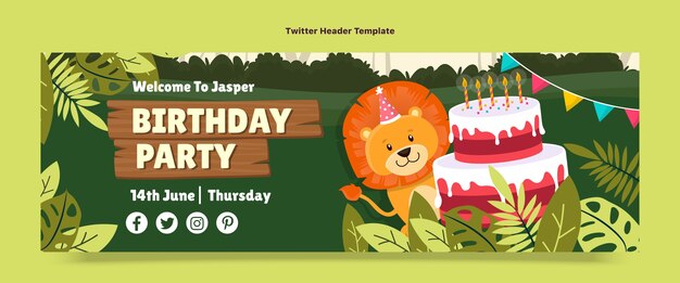 Intestazione di twitter della festa di compleanno della giungla del fumetto disegnato a mano