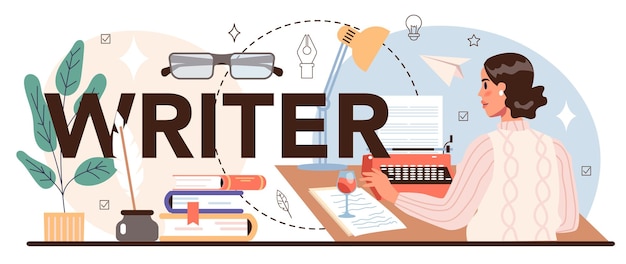 Intestazione tipografica dello scrittore professionista Autore che scrive la sceneggiatura di un romanzo Pubblicazione di bestseller Idea di professione di letteratura creativa Illustrazione vettoriale piatta