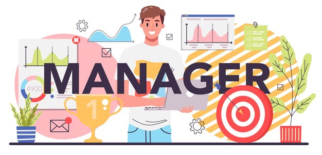 Intestazione tipografica di gestione Motivazione e leadership della strategia di successo Idea del CEO dell'azienda del project manager Illustrazione vettoriale isolata