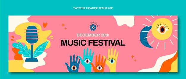 Intestazione twitter del festival musicale colorato disegnato a mano