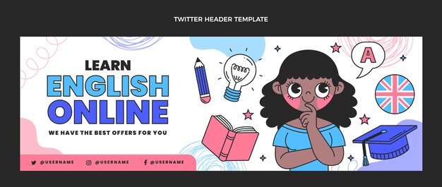 Intestazione twitter di lezioni di inglese disegnate a mano