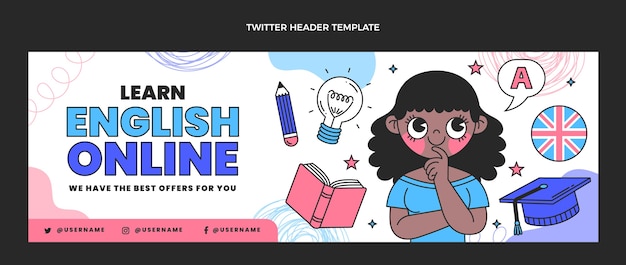 Intestazione twitter di lezioni di inglese disegnate a mano