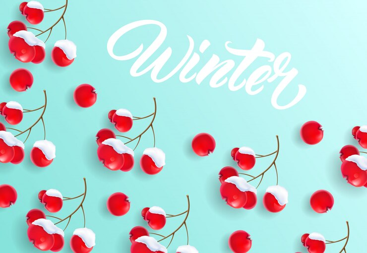 Vettore gratuito inverno lettering su sfondo con motivo a bacche di sorbo