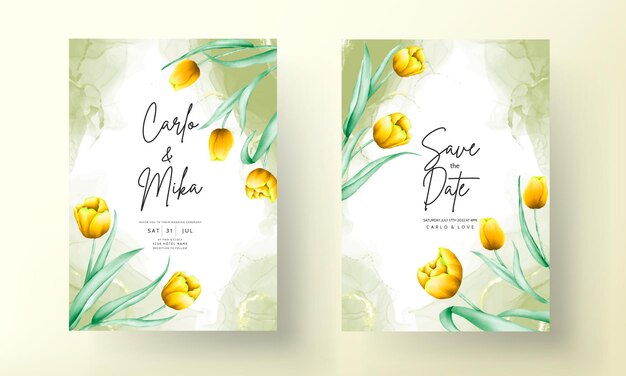 invito a nozze con bellissimo fiore di tulipano giallo acquerello