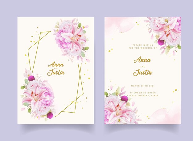Invito a nozze con rose rosa acquerello, ortensia e giglio