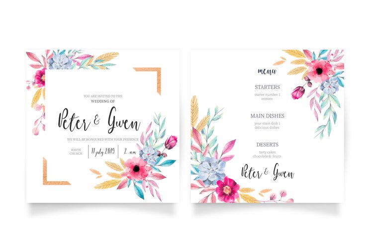 Vettore gratuito invito a nozze floreale e modello di menu