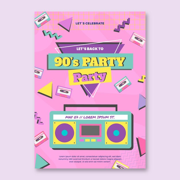 Invito a una festa anni '90 dal design piatto disegnato a mano