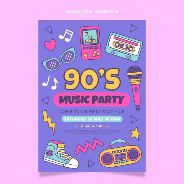 Invito al festival musicale anni '90 disegnato a mano