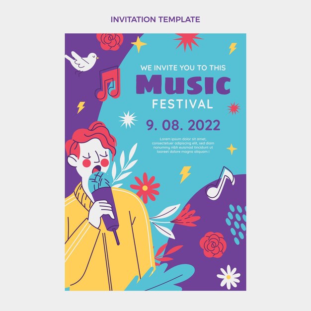 Invito al festival musicale colorato disegnato a mano