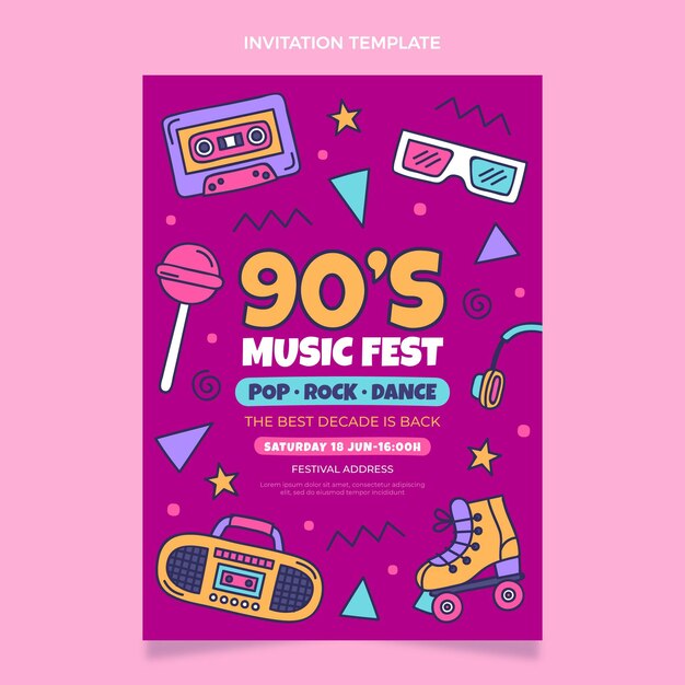 Invito al festival musicale nostalgico anni '90 disegnato a mano