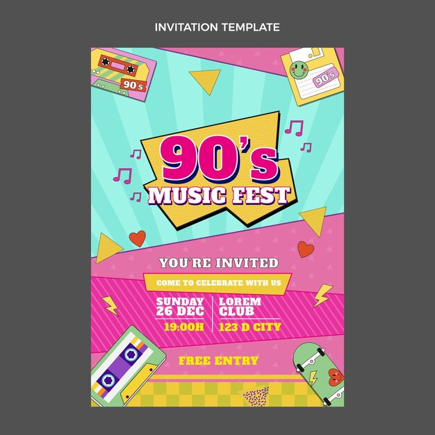 Invito al festival musicale nostalgico degli anni '90 dal design piatto