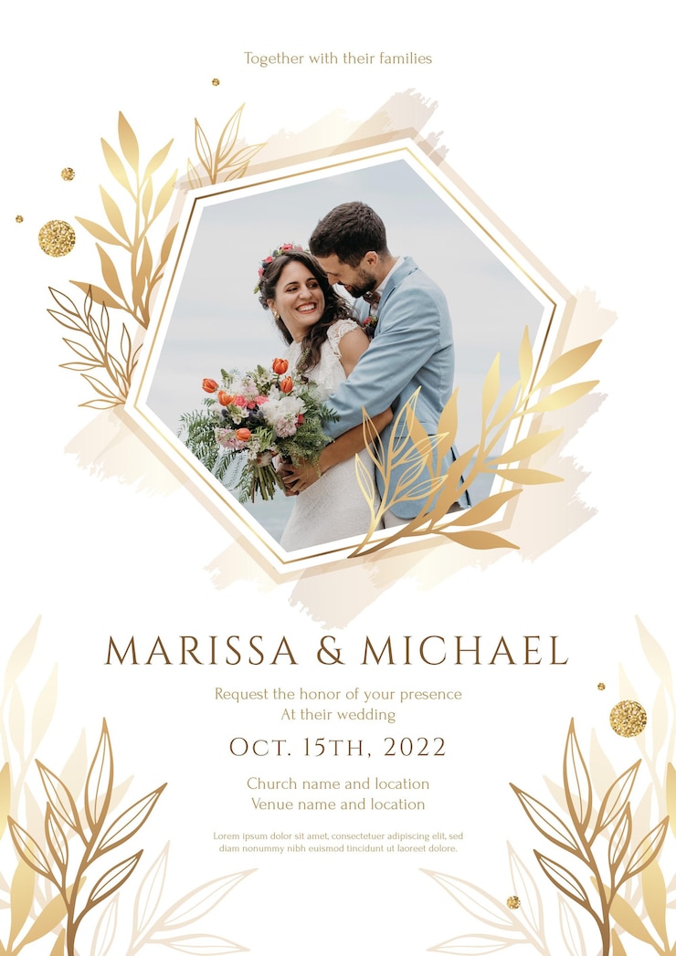 Vettore gratuito invito al matrimonio di lusso dorato con foto
