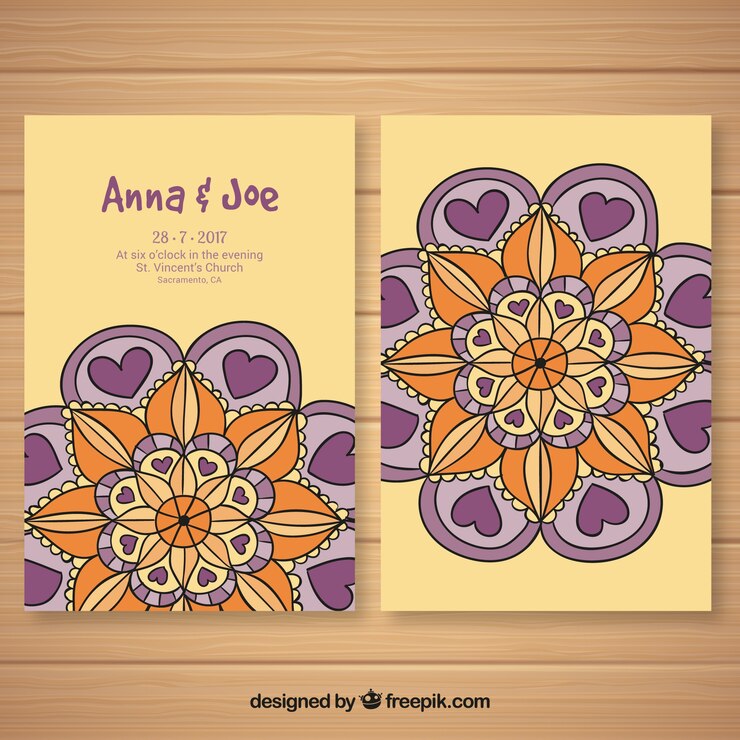Vettore gratuito invito di nozze con mandala a mano disegnata