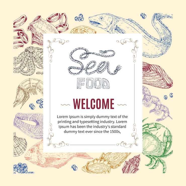 Vettore gratuito invito disegnato a mano di frutti di mare
