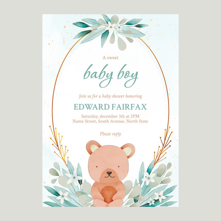 Vettore gratuito invito per baby shower ad acquerello con orsacchiotto