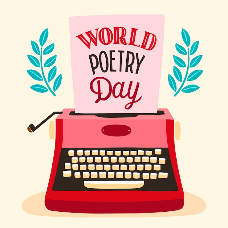 Vettore gratuito iscrizione della giornata mondiale della poesia piatta con la macchina da scrivere