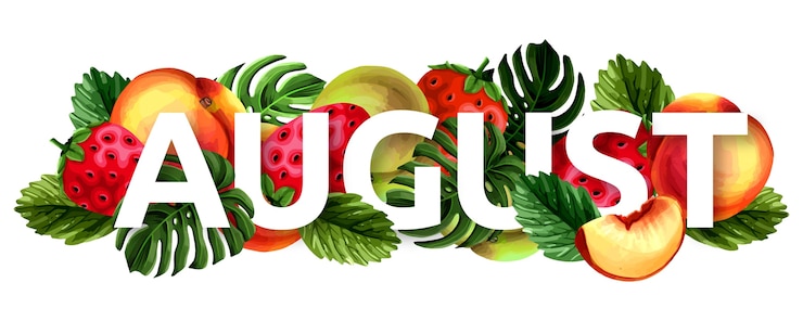 Vettore gratuito iscrizione di agosto disegnata a mano con frutti