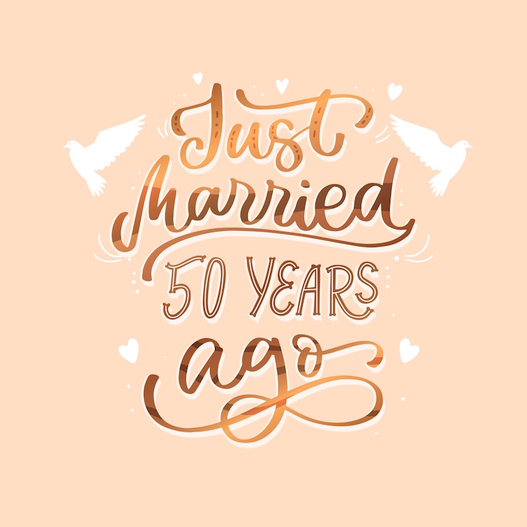 Vettore gratuito iscrizione di anniversario di matrimonio dorato disegnata a mano