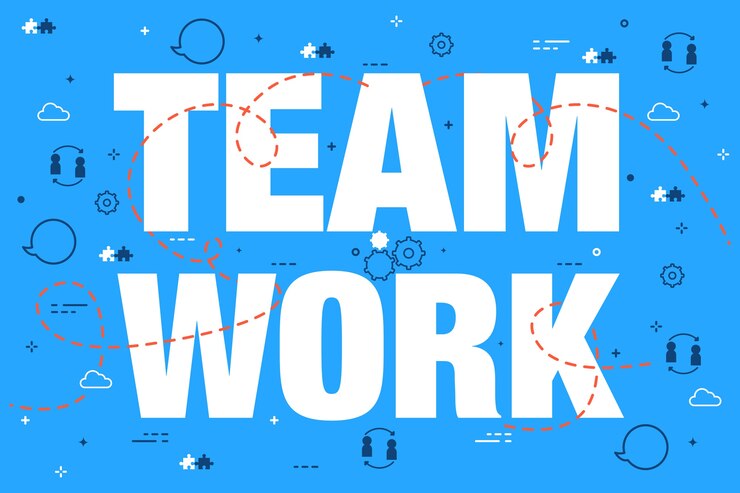 Vettore gratuito iscrizione di concetto di lavoro di squadra sul fondo blu di scarabocchio