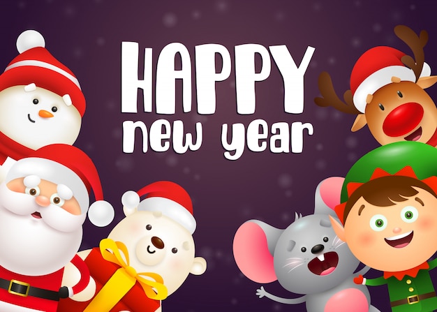 Iscrizione di felice anno nuovo, elfo, orso polare, topo, Babbo Natale