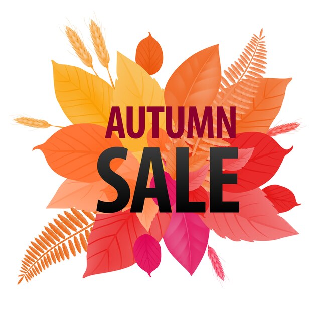 Iscrizione di vendita autunno su sfondo foglia luminosa. Iscrizione creativa con variazione del gradiente.