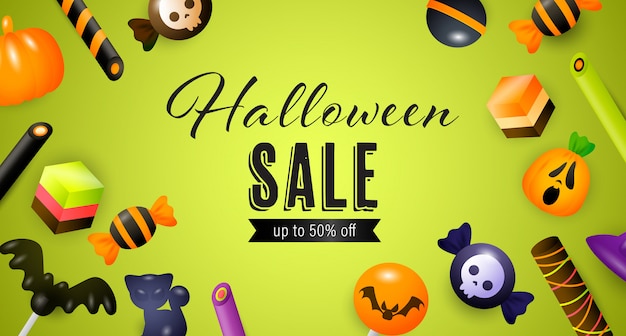 Iscrizione di vendita di Halloween con caramelle, torte e dolci