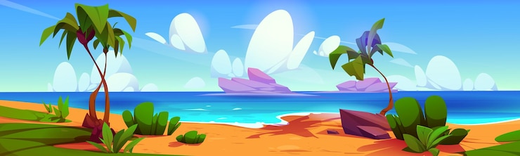 Vettore gratuito isola gioco spiaggia paesaggio estate vettore paradiso luogo di vacanza tropicale con palme acqua di mare e spiaggia di sabbia caraibico ambiente di costa oceano selvaggio per esplorare illustrazione di cartoni animati