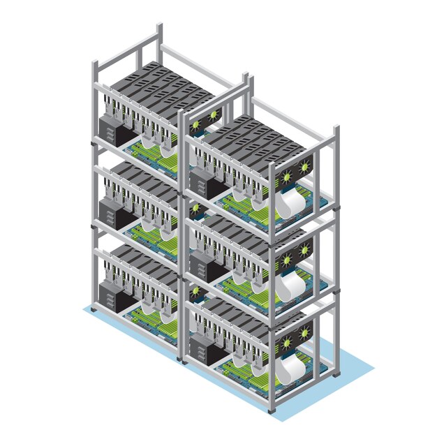 Isometrica crypto valuta mining farm concetto con molte schede madri e schede video isolate