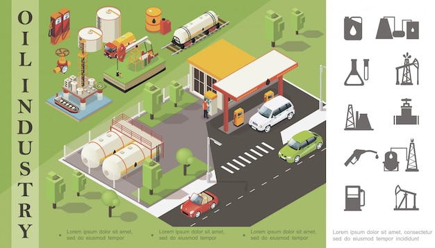 Isometrica industria petrolifera composizione con stazione di rifornimento cisterna ferroviaria cisterna barile scatola metallica torre di perforazione camion perforazione tubazione valvola e icone monocromatiche di petrolio