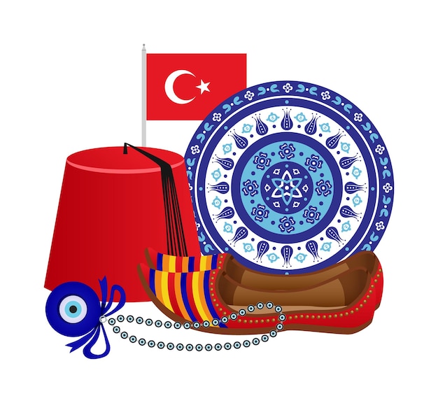 Istanbul Turchia turismo viaggio composizione con immagini isolate di simboli tradizionali turchi illustrazione vettoriale