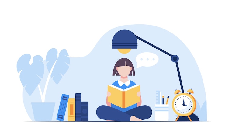 Vettore gratuito istruzione concetto di apprendimento amore per la lettura persone che leggono o studenti che studiano e si preparano per l'esame in biblioteca lettori di libri di libri letteratura moderna illustrazione vettoriale di cartoni animati piatti