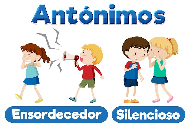 Vettore gratuito istruzione della lingua spagnola ascolto sordido e silenzio nelle illustrazioni dei cartoni animati