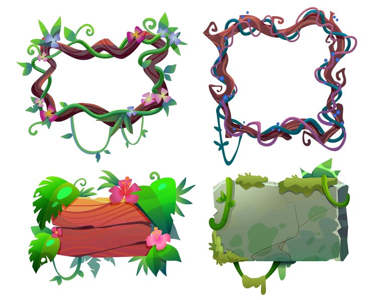 Vettore gratuito jungle frame e border plate game ui set di progettazione