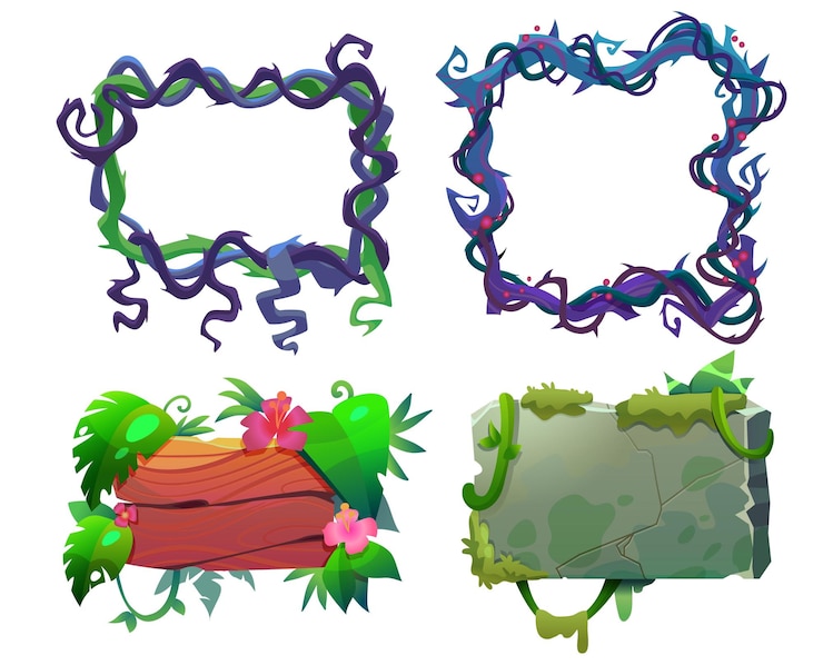 Vettore gratuito jungle frame e border plate game ui set di progettazione