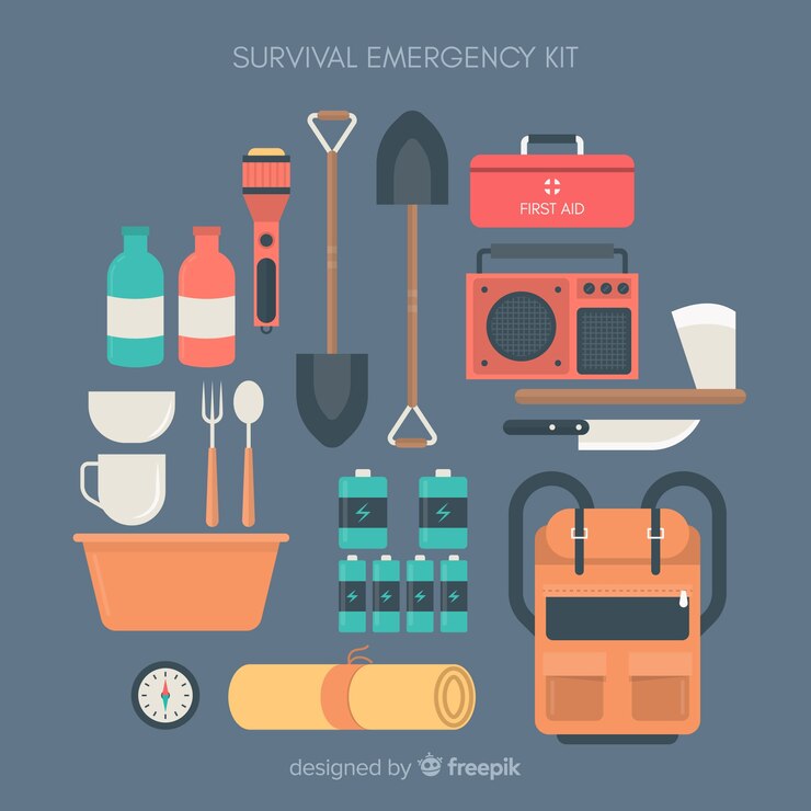 Vettore gratuito kit di sopravvivenza di emergenza creativo in stile piano