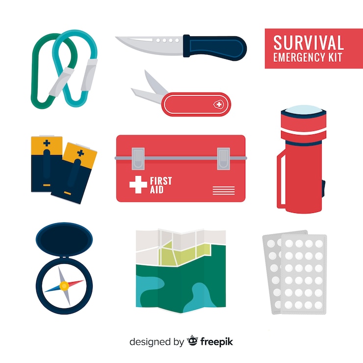 Vettore gratuito kit di sopravvivenza di emergenza in design piatto