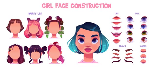 Kit per la costruzione del viso della ragazza Parti del viso dei cartoni animati per la creazione di avatar di bambine con diversi naso, occhi e sopracciglia Illustrazione vettoriale degli elementi della testa impostati per il generatore di volti di bambini caucasici