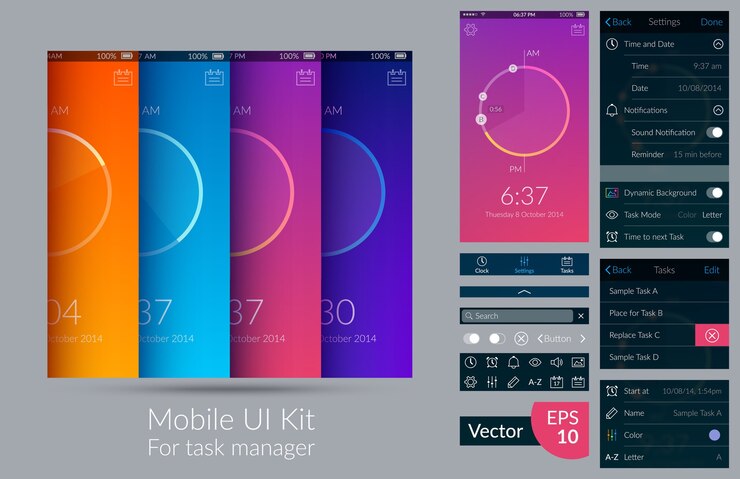 Vettore gratuito kit ui mobile per task manager su illustrazione piatta leggera