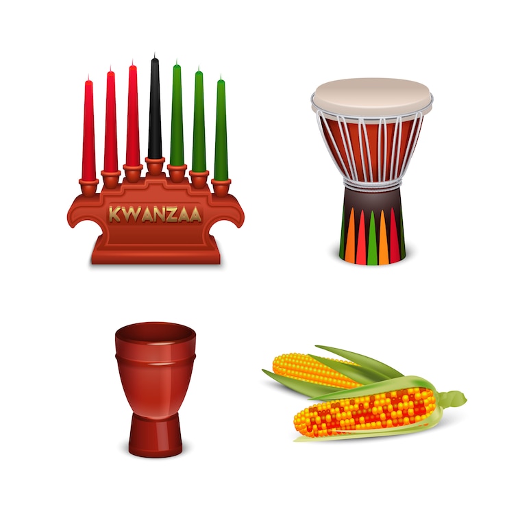 Vettore gratuito kwanzaa holiday colorful symbols collection