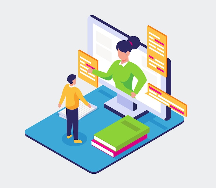 Vettore gratuito l'adolescente visivo fa il libro di lettura sul telefono cellulare per educare, apprendere il concetto in linea, progettazione dell'illustrazione isometrica